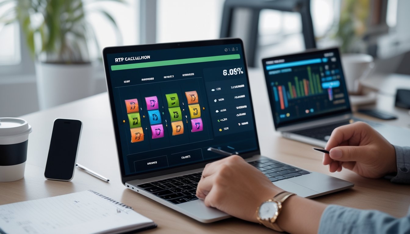Seorang individu sedang menggunakan laptop dengan tampilan permainan slot online dan grafik RTP, sambil menghitung menggunakan kalkulator dan mencatat di meja kerja yang rapi.