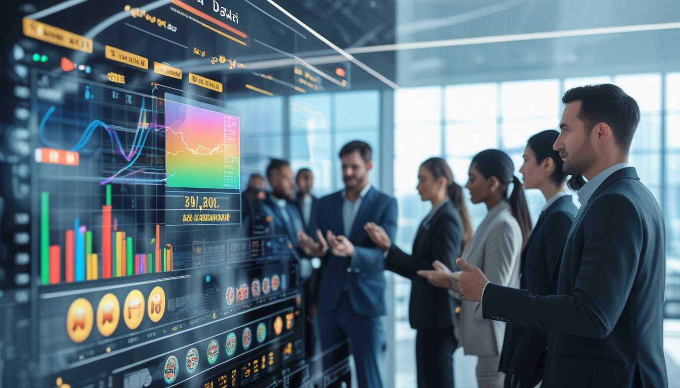 Sekelompok profesional sedang berinteraksi dengan layar sentuh besar yang menampilkan data dan grafik permainan slot online secara real-time di sebuah kantor modern.