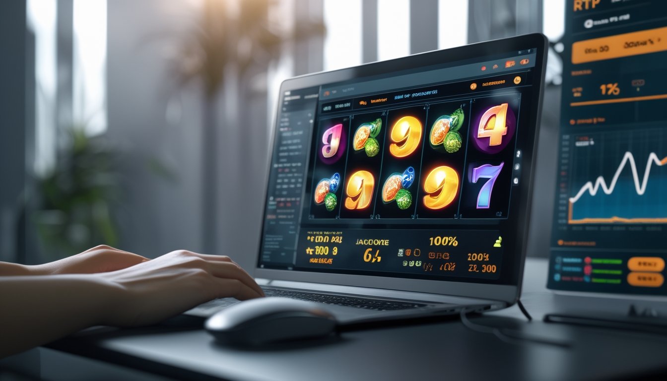 Sebuah komputer menampilkan permainan slot online dengan grafik dan statistik real-time di meja kerja modern.