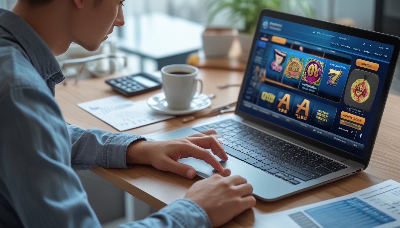 Seorang pemain pemula sedang mengelola modal dengan serius sambil bermain slot online di laptop di ruang kerja rumah.