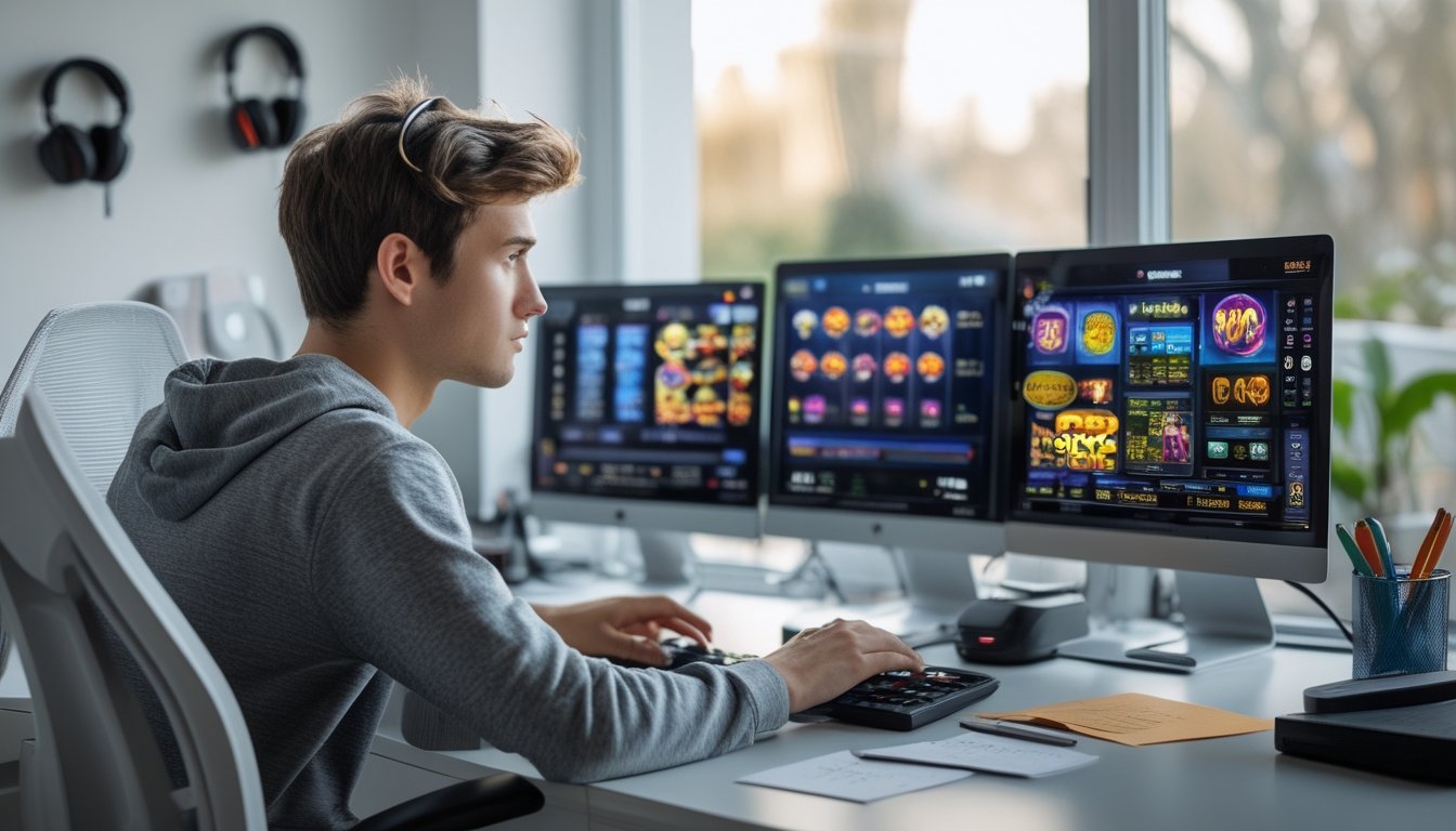 Seorang pria muda duduk di meja dengan beberapa monitor komputer yang menampilkan permainan slot online dan grafik RTP, sambil menganalisis data dengan kalkulator dan catatan di ruang kerja yang terang.
