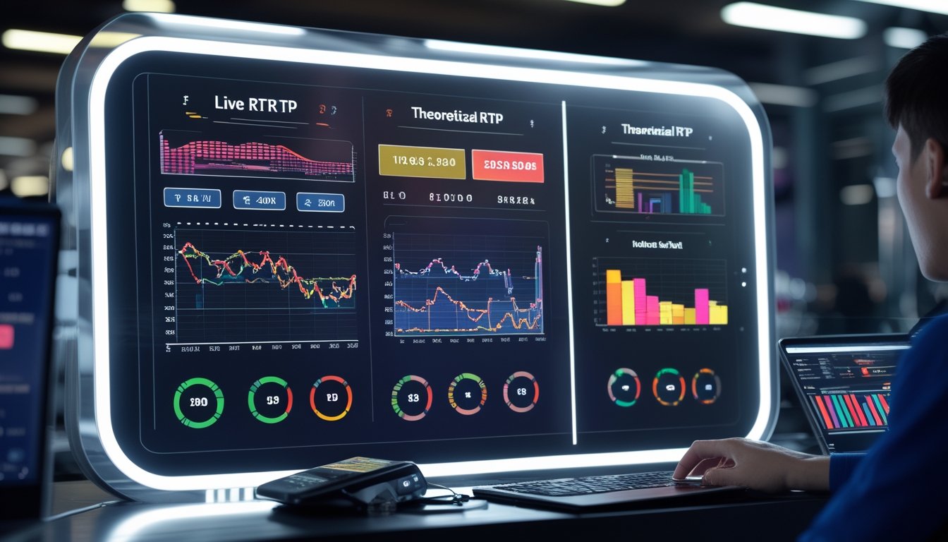Seorang pemain duduk di depan layar transparan yang menampilkan grafik dan statistik RTP langsung serta RTP teoritis dalam permainan slot online.