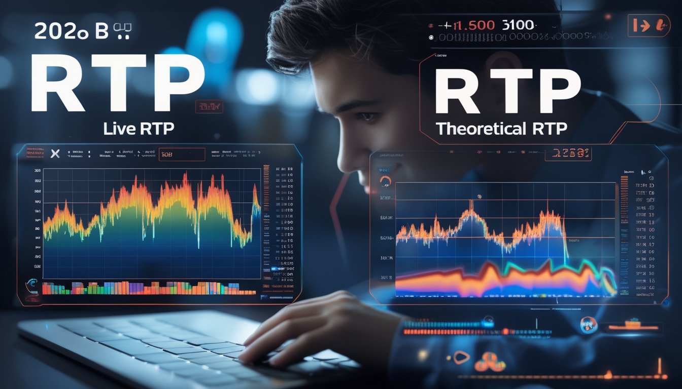 Seorang pengguna sedang menganalisis grafik data RTP dalam permainan slot online di depan layar digital dengan latar belakang elemen permainan slot.