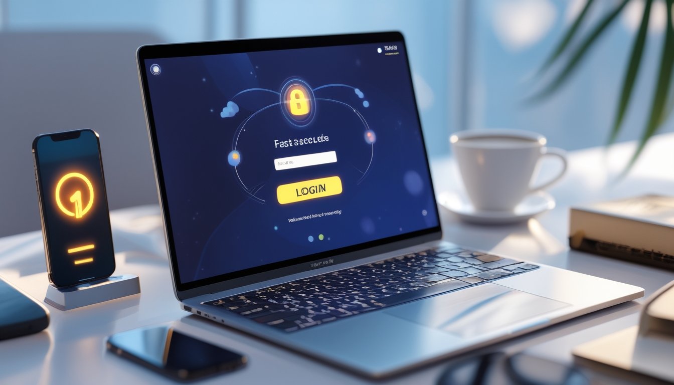 Meja kerja modern dengan laptop yang menampilkan layar login digital, ponsel dengan ikon sinyal menyala, dan suasana terang dengan cahaya alami.