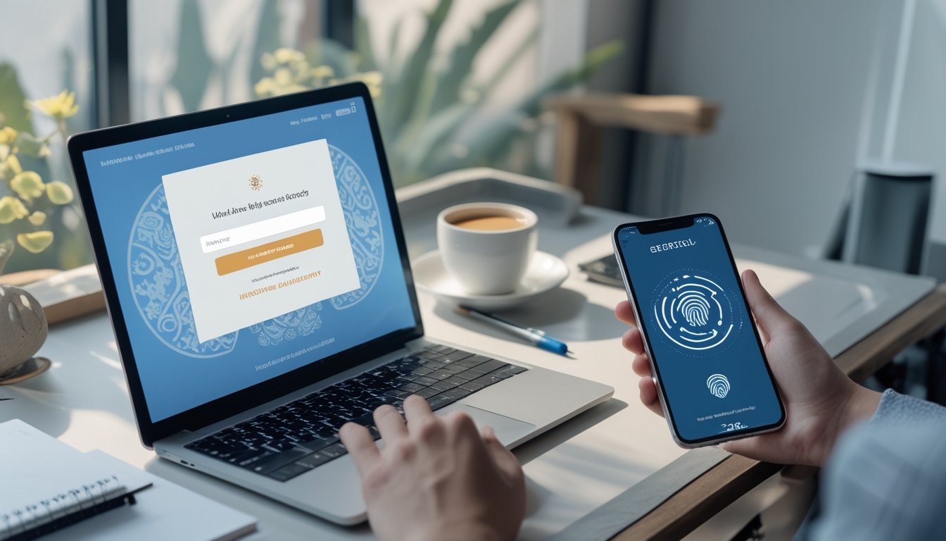 Meja kerja modern dengan laptop dan ponsel yang menampilkan layar login, dikelilingi oleh alat tulis dan cangkir kopi.
