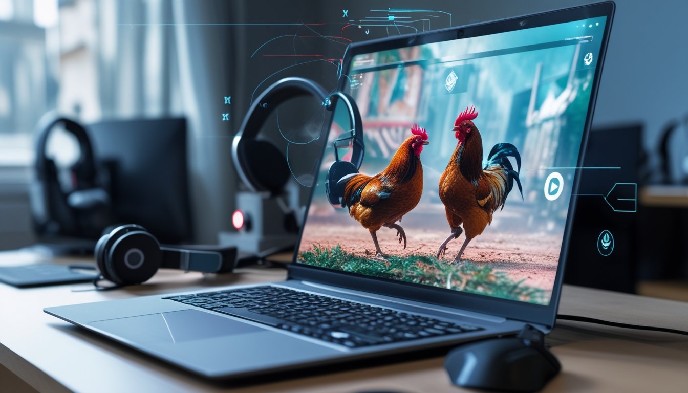 Sebuah layar komputer menampilkan siaran langsung pertandingan sabung ayam dengan dua ayam jago sedang bertarung, di sebuah ruang kerja modern yang terang dan rapi.