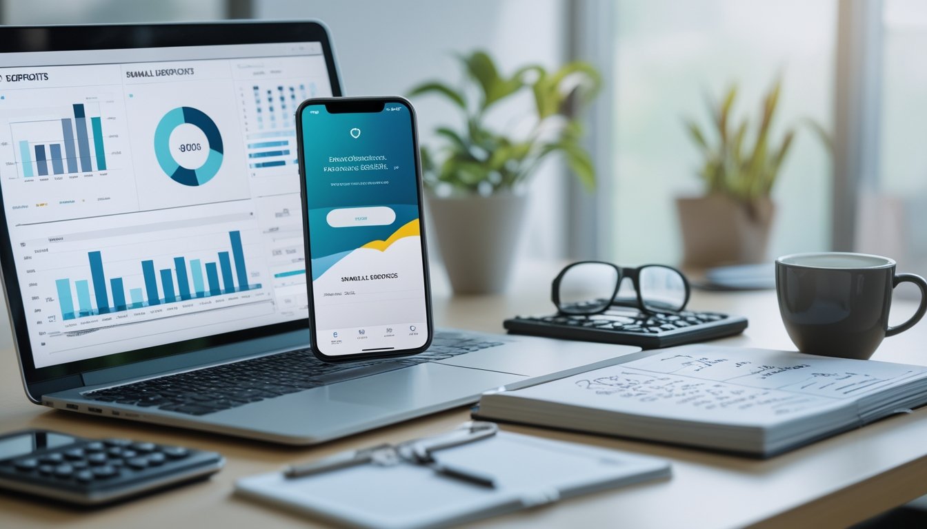 Meja kerja dengan laptop, smartphone, kalkulator, dan catatan keuangan yang menunjukkan aktivitas pengelolaan saldo deposit.