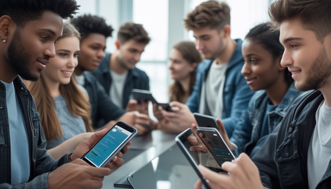 Sekelompok orang muda menggunakan smartphone dan tablet di dalam ruangan dengan pencahayaan alami, terlihat fokus dan antusias saat menggunakan aplikasi di perangkat Android dan iOS.