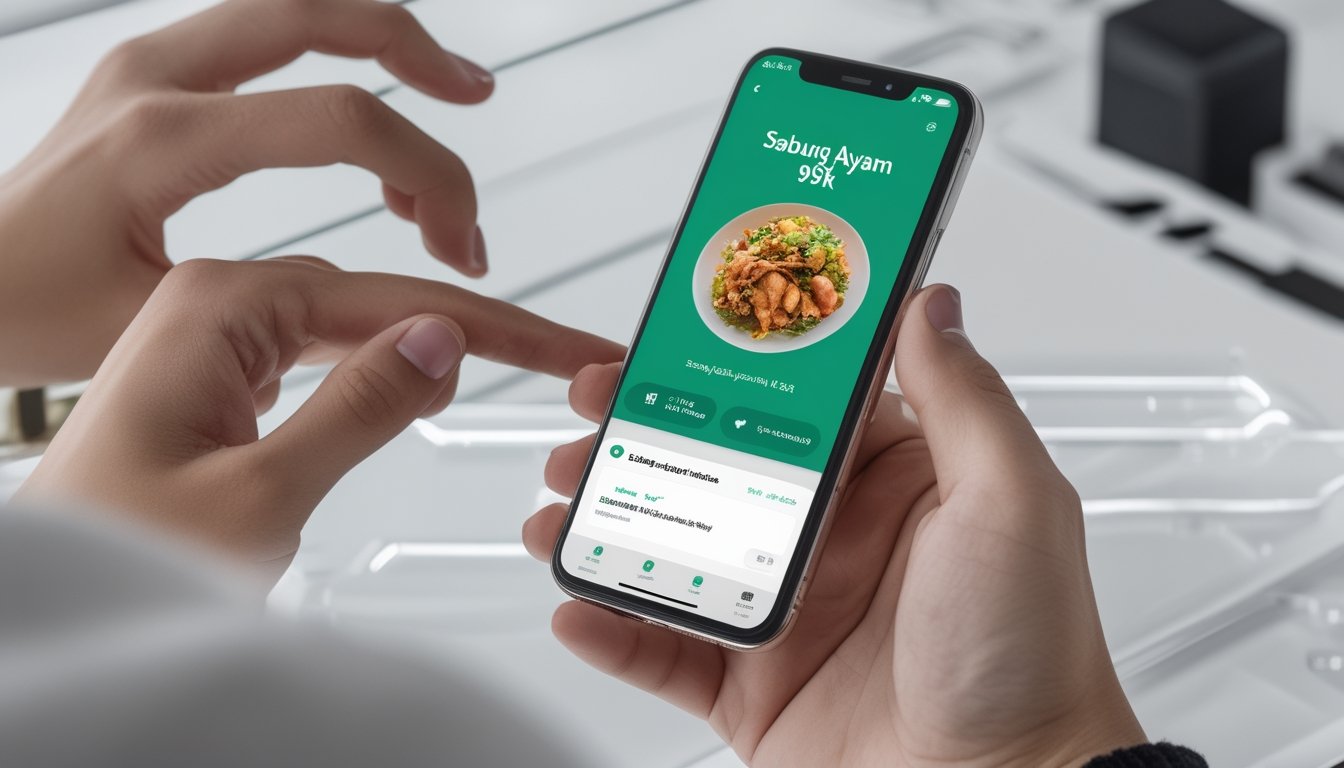 Seseorang memegang smartphone yang menampilkan aplikasi dengan latar belakang minimalis dan elemen teknologi.