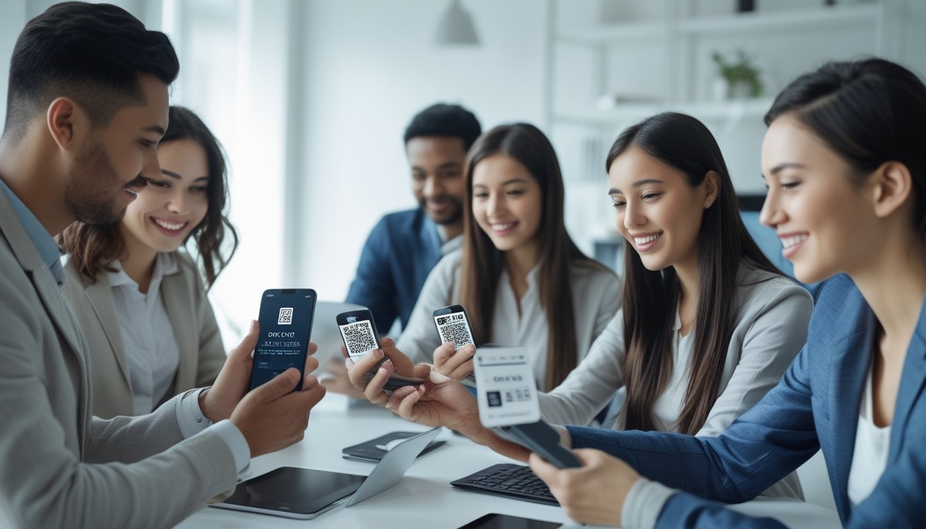 Beberapa orang muda menggunakan ponsel dan kartu pembayaran di lingkungan modern untuk melakukan transaksi deposit.