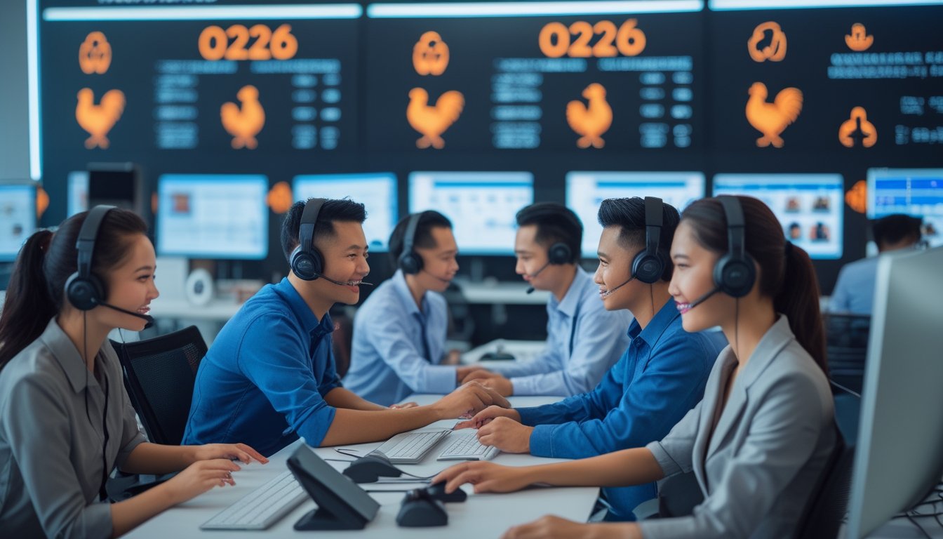 Tim layanan pelanggan yang ramah dan profesional bekerja di pusat dukungan dengan komputer dan headset di kantor modern.