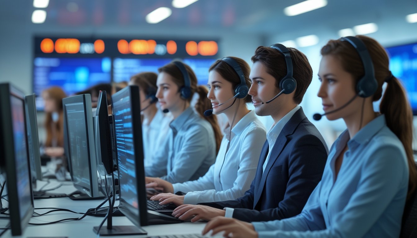 Sejumlah agen layanan pelanggan sedang bekerja dengan headset di pusat dukungan yang modern dan sibuk, menunjukkan layanan 24 jam.
