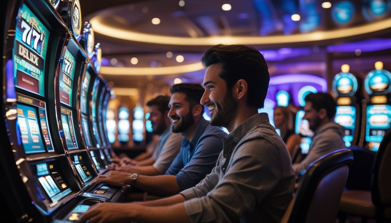 Orang-orang bermain mesin slot 777 Deluxe di dalam kasino yang mewah dan terang.