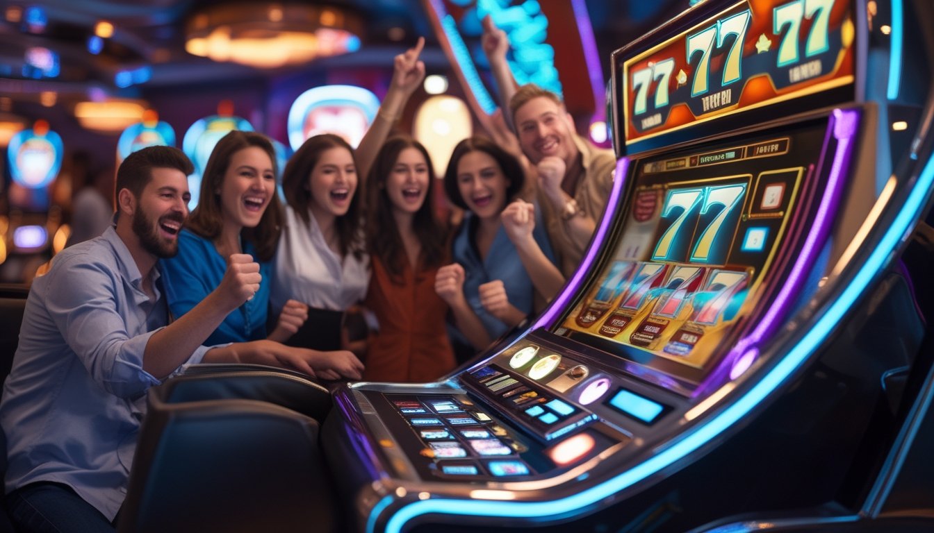 Orang-orang yang gembira merayakan kemenangan jackpot di mesin slot 777 Deluxe di dalam kasino yang ramai.