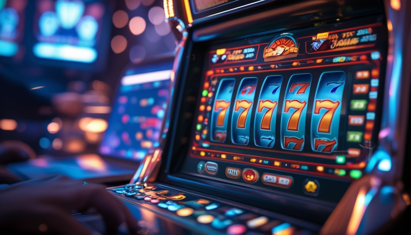 Layar mesin slot digital menampilkan kombinasi angka 777 dengan latar belakang suasana kasino online yang modern dan terpercaya.
