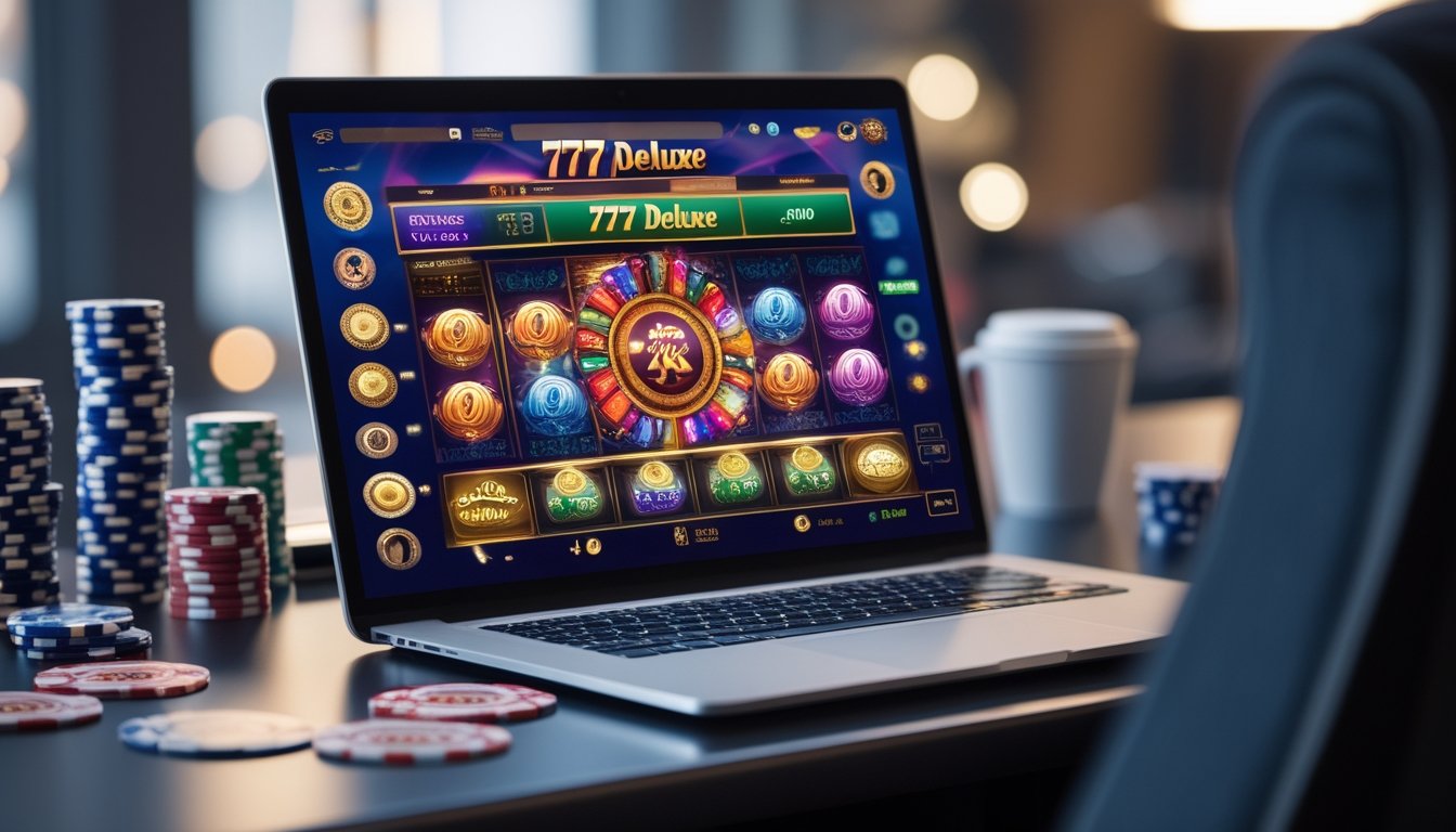 Seorang pemain sedang bermain permainan slot 777 Deluxe di komputer dengan suasana nyaman dan perlengkapan kasino di meja.