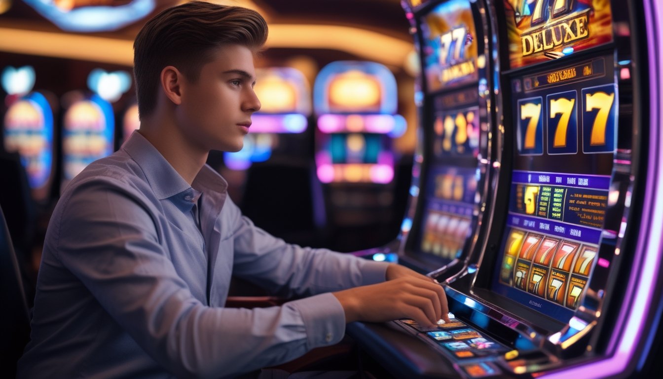 Seorang pria muda duduk di depan mesin slot 777 Deluxe di kasino dengan ekspresi fokus dan serius.