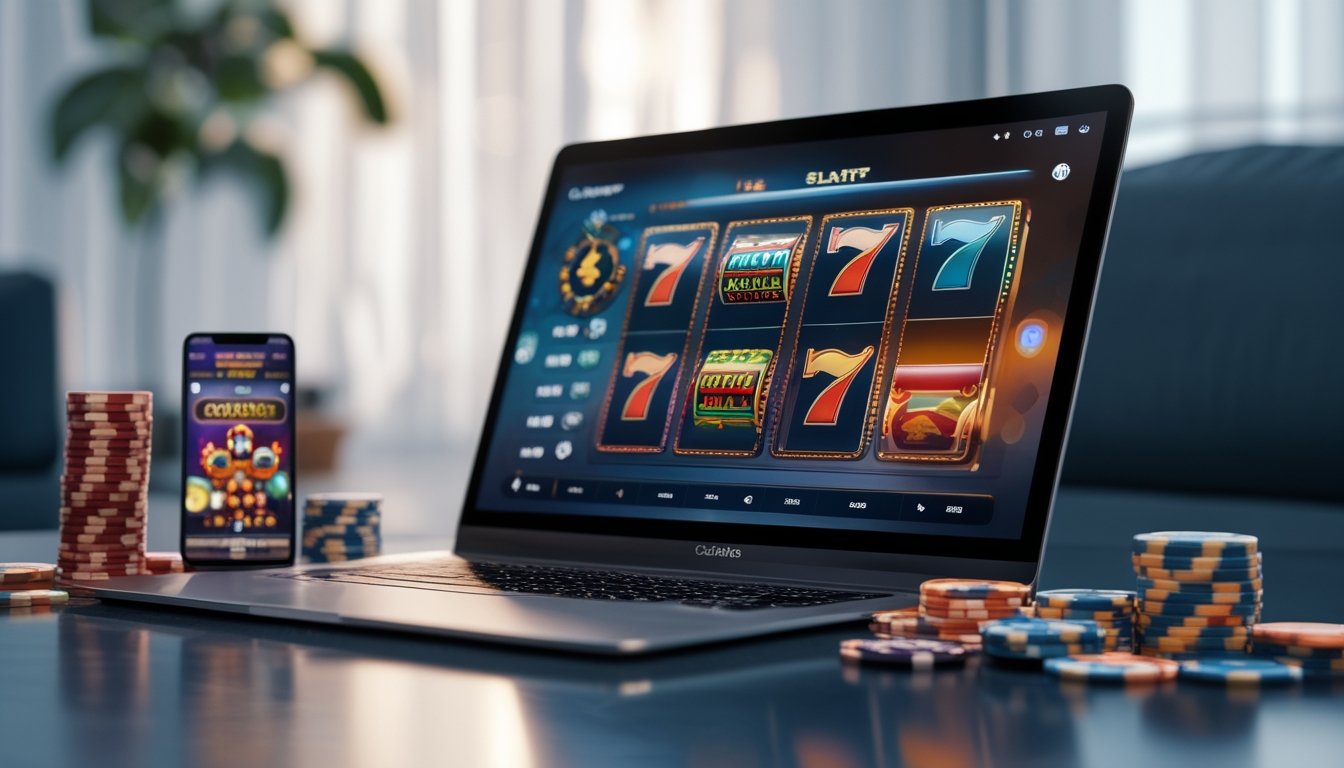 Seorang pengguna sedang bermain mesin slot online di laptop dengan chip kasino dan ponsel di meja.