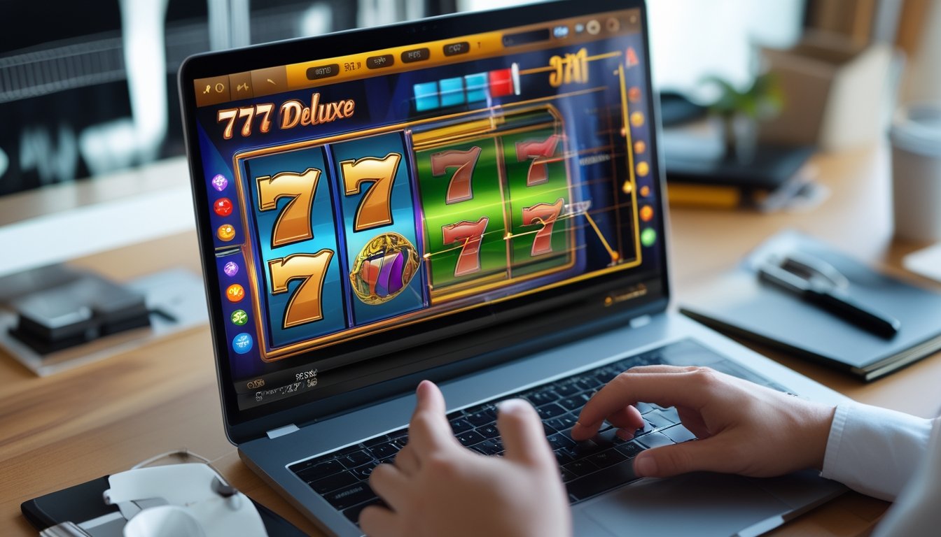 Seorang pengguna komputer sedang melihat layar dengan permainan slot 777 deluxe online dan grafik peluang kemenangan, di meja kerja dengan alat tulis dan kopi.
