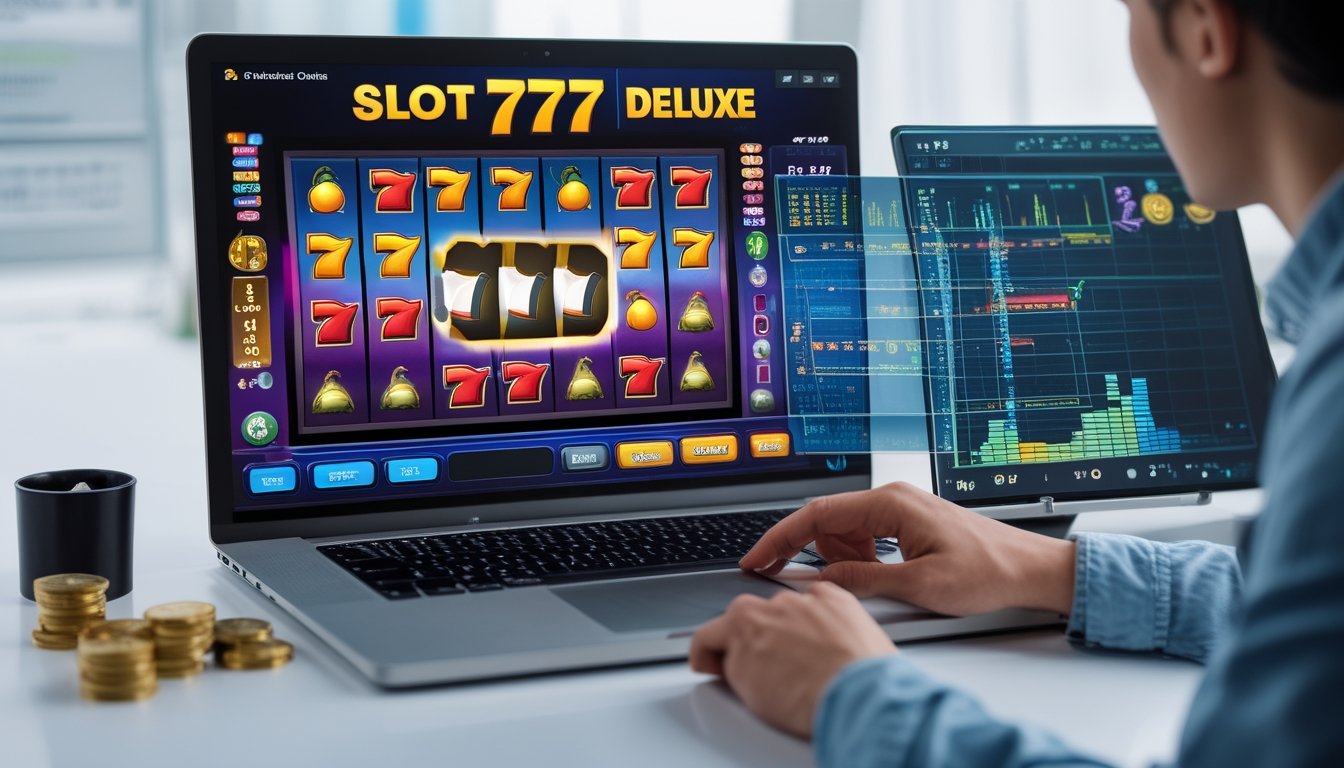 Seorang pria duduk di depan komputer yang menampilkan permainan slot 777 Deluxe dengan grafik dan simbol slot, sambil menganalisis data peluang kemenangan menggunakan tablet di meja kerja.