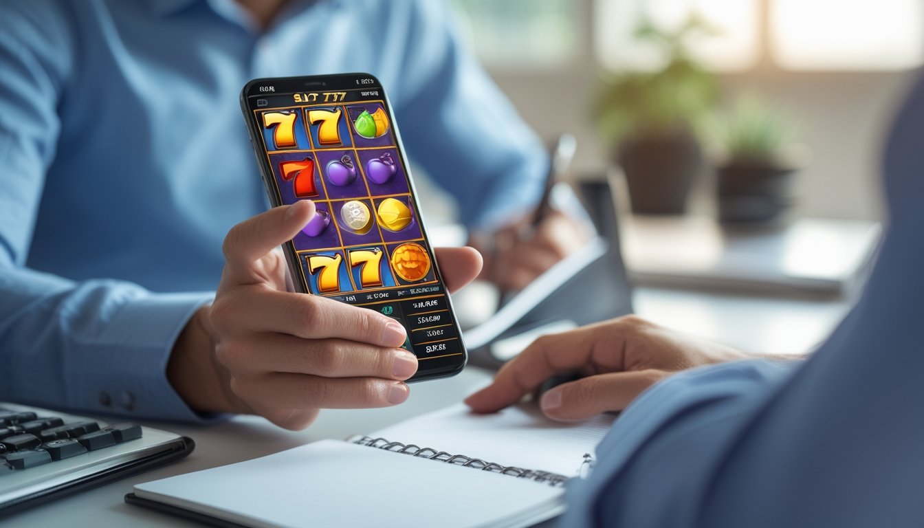 Seseorang sedang mengelola modal saat bermain permainan slot 777 deluxe di aplikasi mobile dengan ponsel di tangan dan alat tulis di meja.