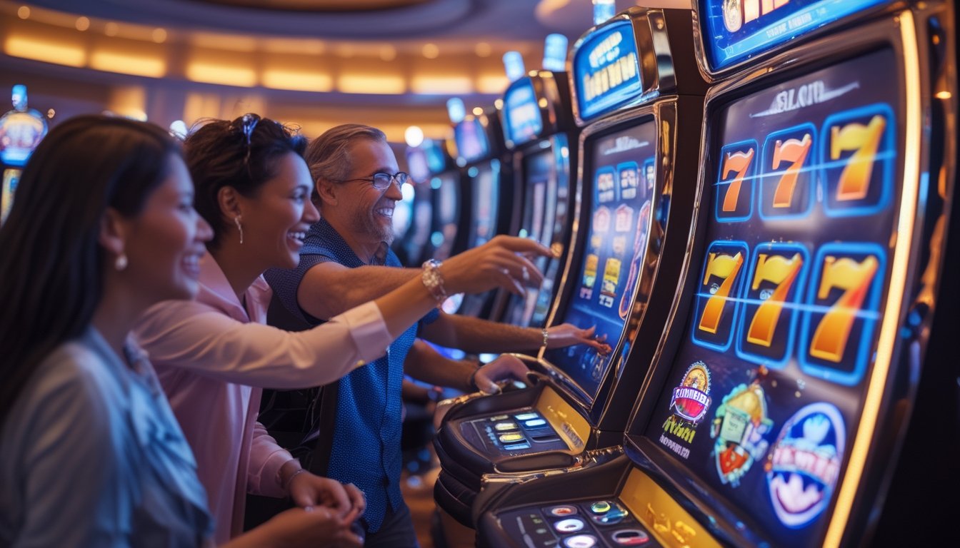Orang-orang yang gembira bermain mesin slot 777 Deluxe di dalam kasino yang modern dan terang.