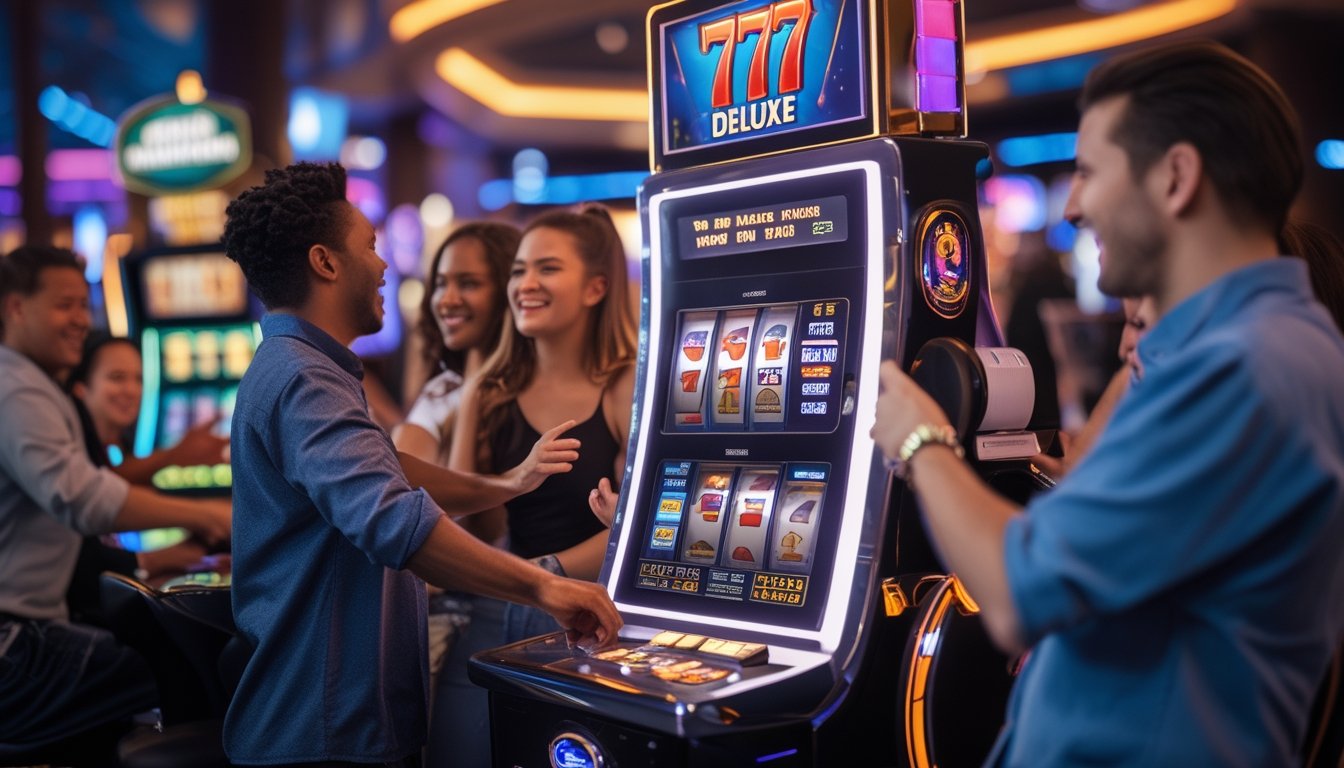 Seorang pemain sedang bermain mesin slot digital 777 Deluxe di kasino dengan lampu warna-warni dan suasana yang ceria.