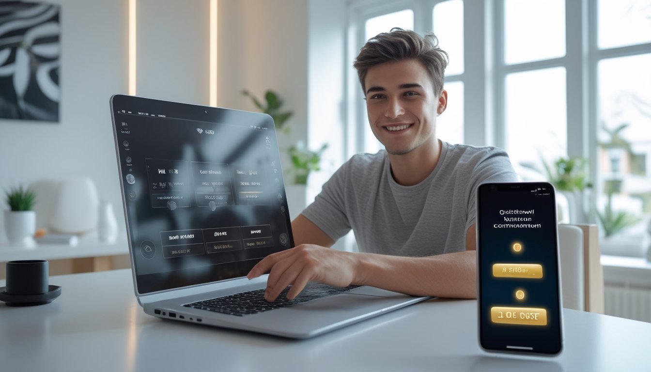 Seseorang sedang menggunakan laptop dan smartphone di meja kerja, terlihat puas dengan proses pendaftaran dan penarikan dana cepat pada permainan slot online.