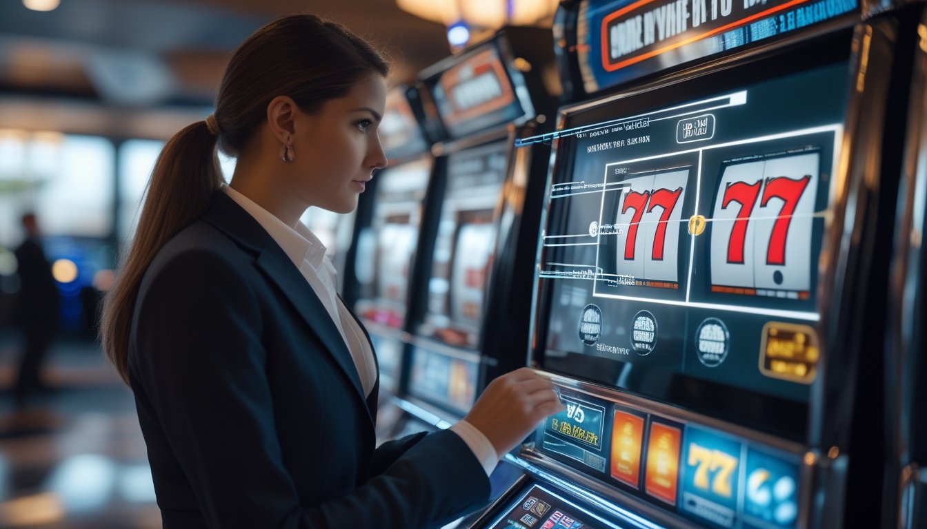 Seorang pria sedang menganalisis data pola putaran mesin slot 777 di sebuah kasino modern.