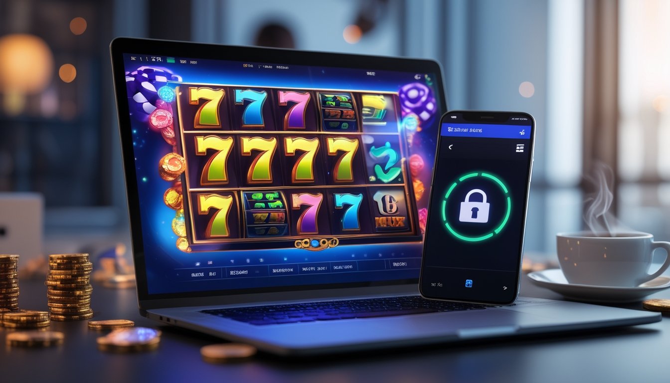 Meja kerja modern dengan laptop menampilkan permainan slot 777 dan ponsel yang menunjukkan situs web aman dengan ikon gembok.