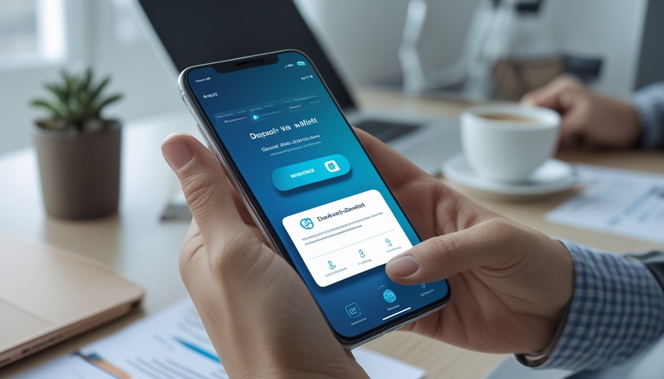 Seseorang memegang ponsel yang menampilkan aplikasi dompet digital dengan latar belakang meja kerja yang rapi.