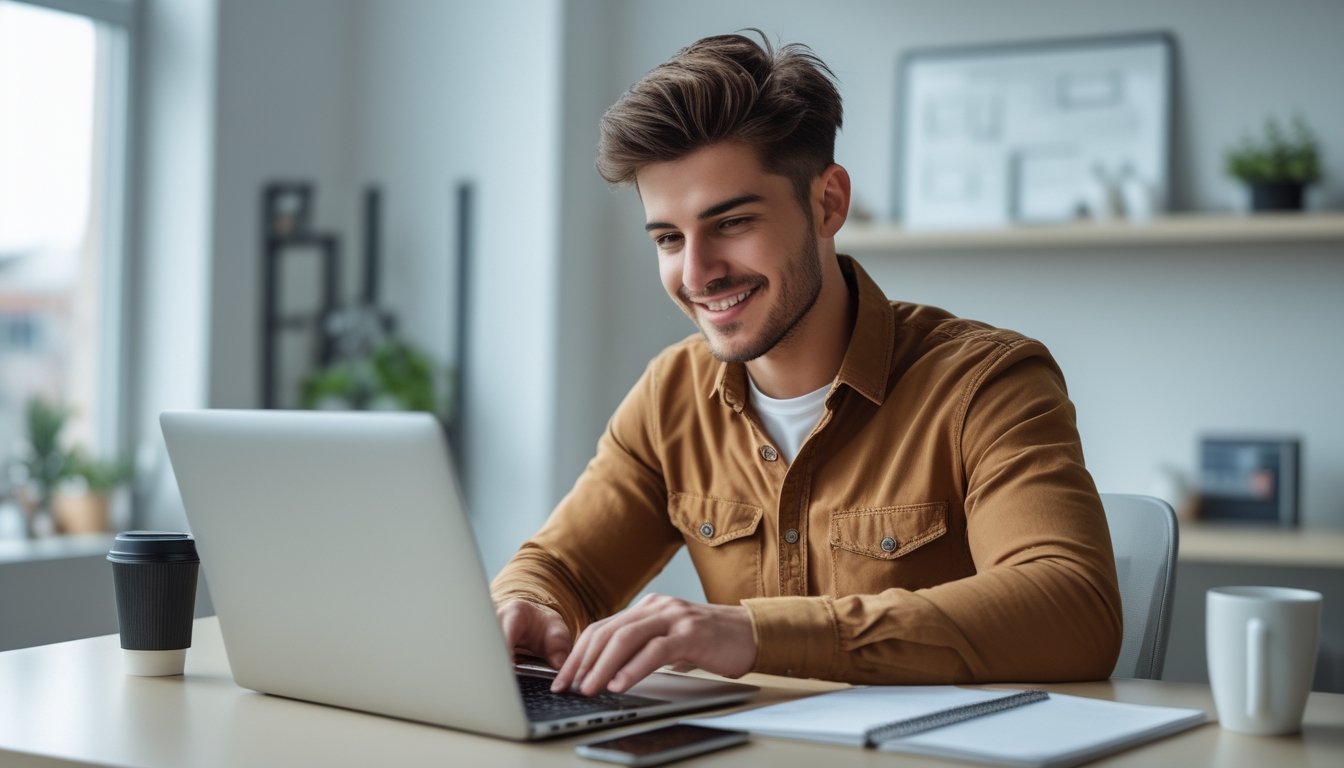 Seorang pria muda duduk di meja dengan laptop, tersenyum saat mengisi formulir pendaftaran online di ruang kantor yang rapi.