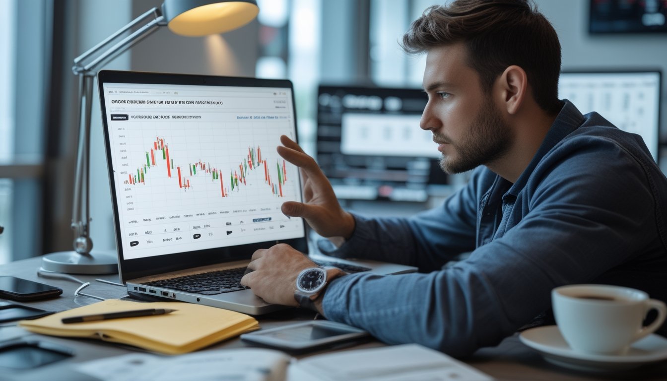 Seorang pria fokus melihat data di layar laptop dengan grafik dan catatan di meja di ruangan modern.