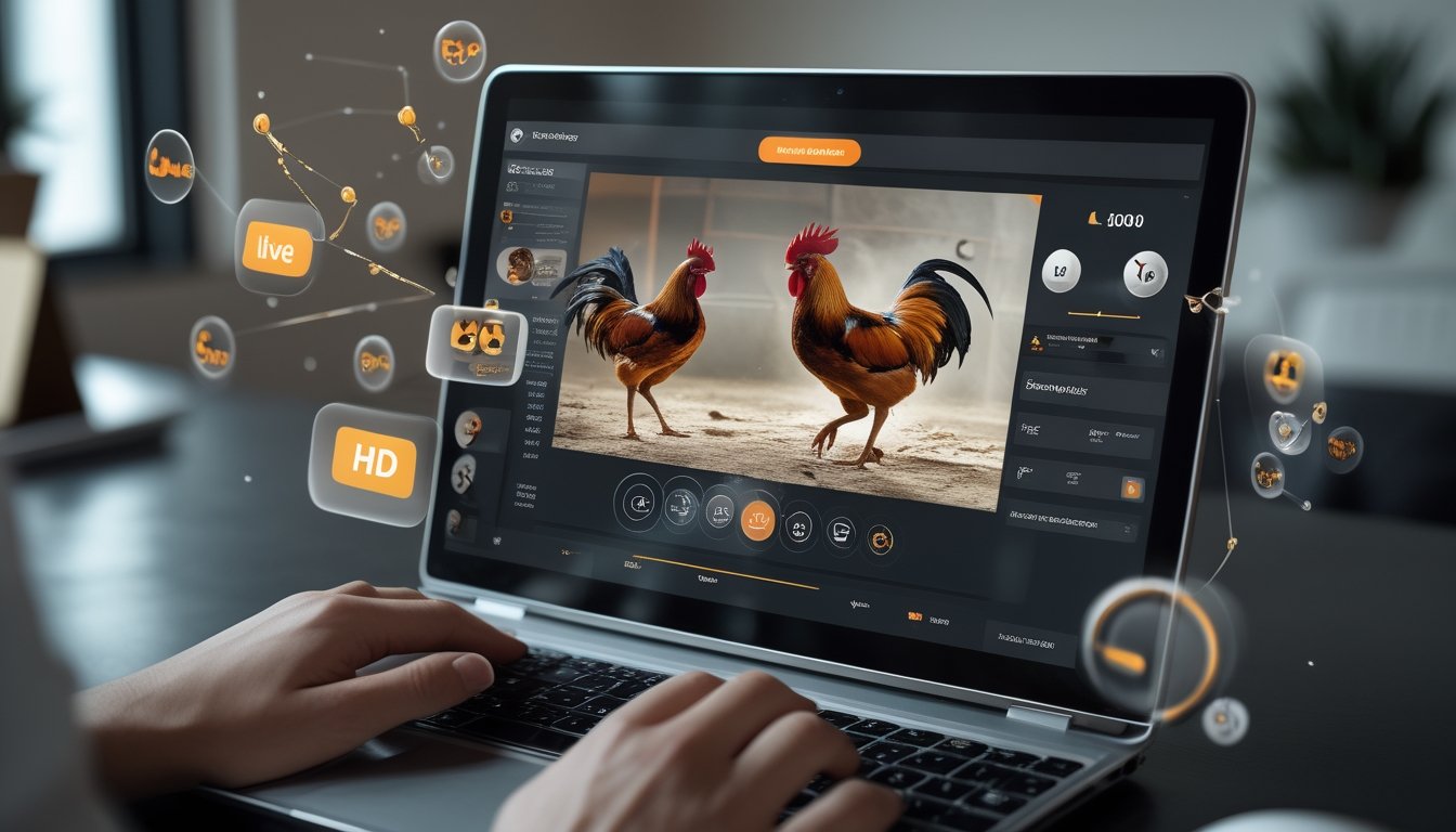 Seseorang menggunakan komputer yang menampilkan streaming langsung pertandingan sabung ayam dengan dua ayam jago sedang bertarung.