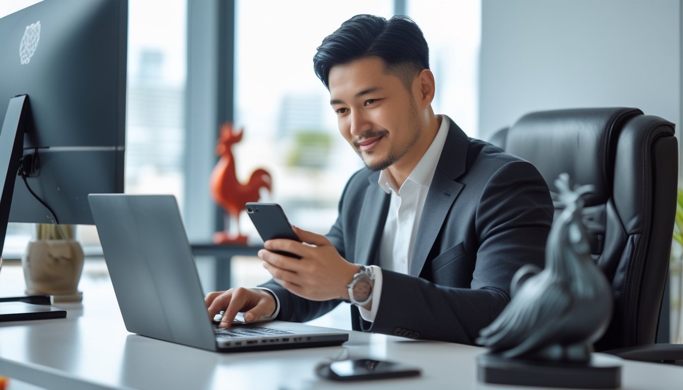 Seorang pria Asia Tenggara duduk di meja kantor modern menggunakan laptop dan ponsel dengan latar belakang kantor yang terang dan bersih.