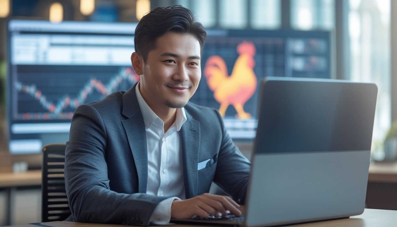 Seorang pria Asia Tenggara duduk di depan laptop di kantor modern, tersenyum dan terlihat percaya diri.