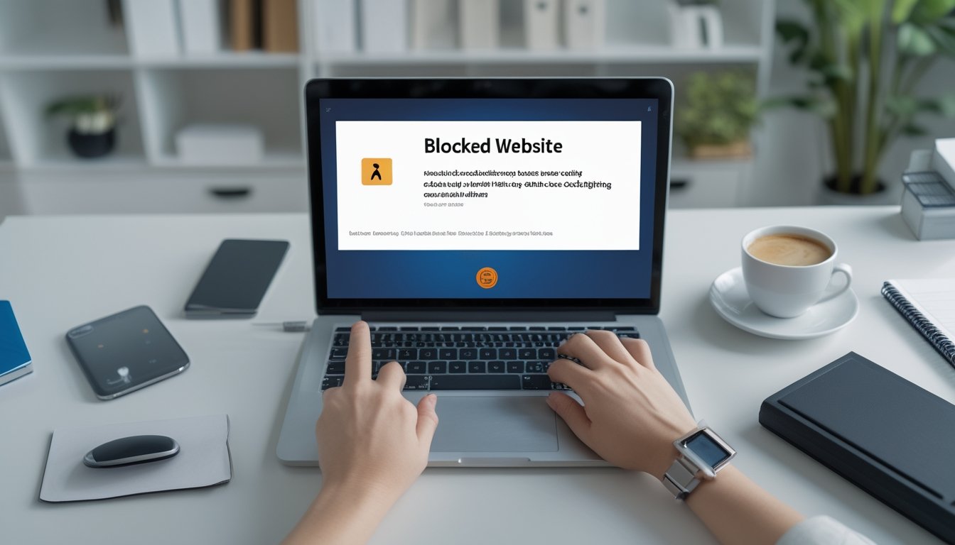 Seseorang sedang duduk di meja dengan laptop dan ponsel, terlihat fokus mengatasi masalah akses situs yang terblokir.
