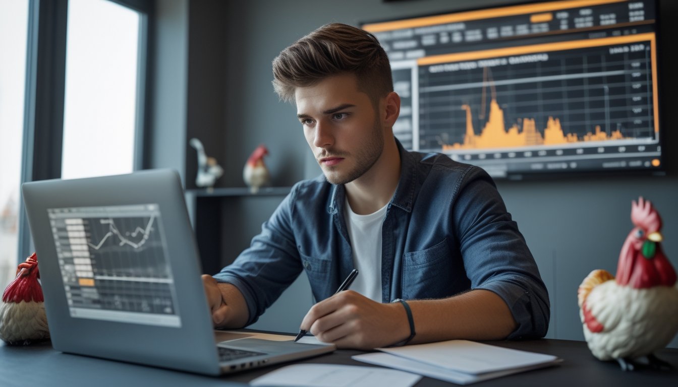 Seorang pria muda sedang menganalisis data dan strategi di depan laptop dengan catatan dan figur ayam jago di meja.