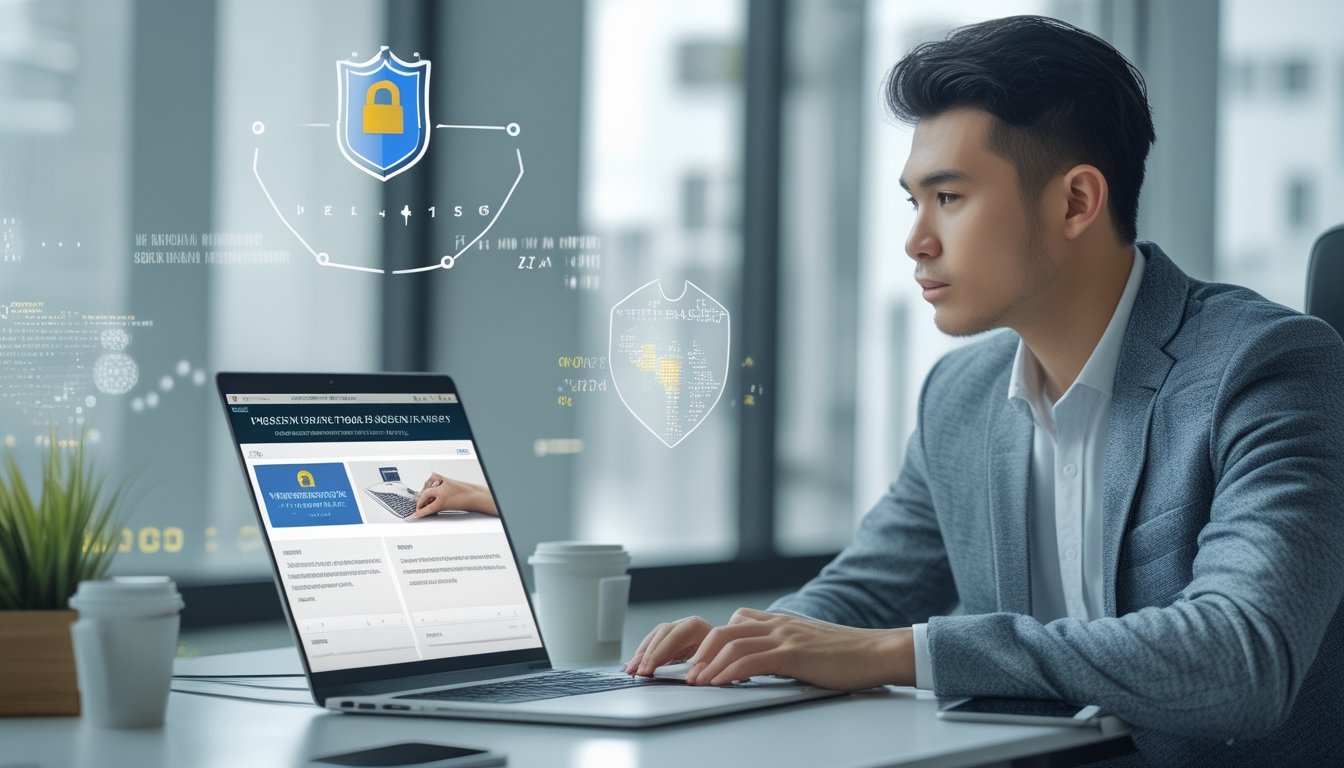 Seorang pria muda duduk di meja dengan laptop terbuka, menunjukkan aktivitas transaksi online yang aman di lingkungan kantor yang terang dan rapi.