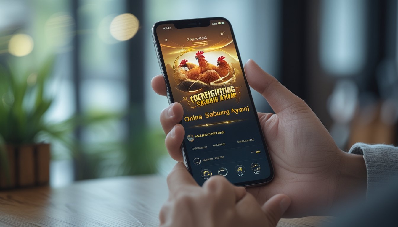 Tangan memegang smartphone yang menampilkan aplikasi permainan Sabung Ayam dengan latar belakang ruangan yang terang.