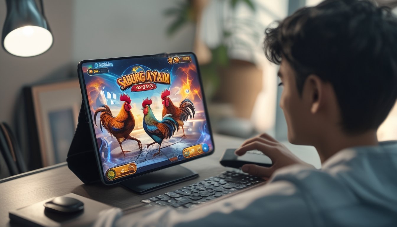 Seorang pengguna muda bermain permainan sabung ayam digital di smartphone dengan latar ruang tamu yang nyaman.