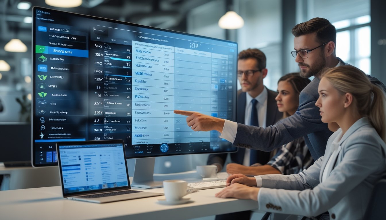 Beberapa profesional sedang melihat dan berinteraksi dengan layar sentuh besar yang menampilkan jadwal pertandingan dalam sebuah kantor modern.