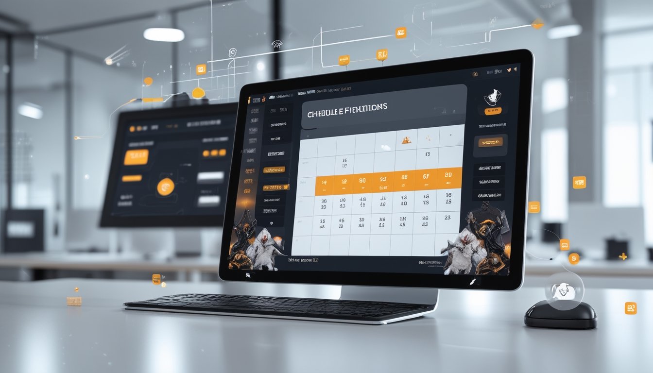 Layar komputer menampilkan jadwal pertandingan sabung ayam online dengan kalender dan waktu pertandingan di lingkungan kantor modern.