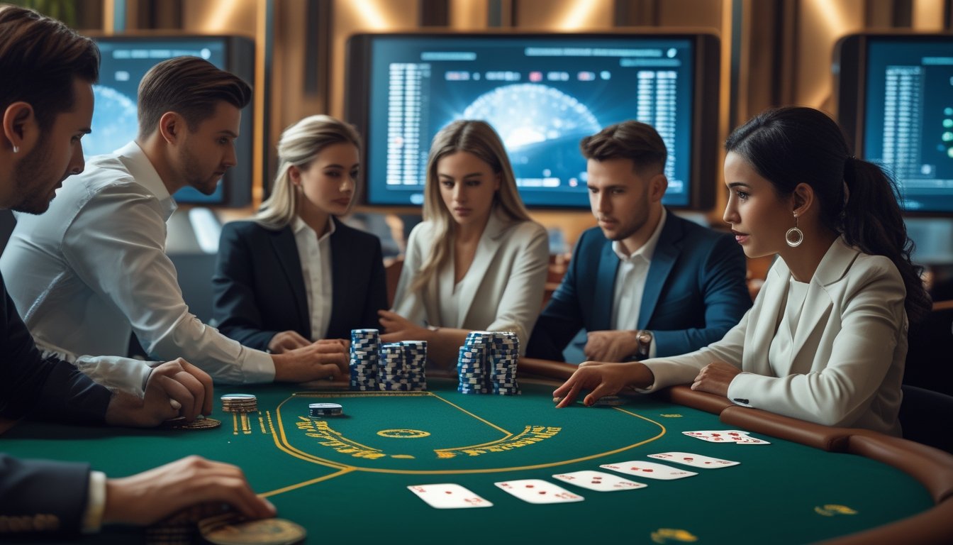 Meja blackjack dengan kartu dan pemain yang sedang mendiskusikan strategi di kasino modern.
