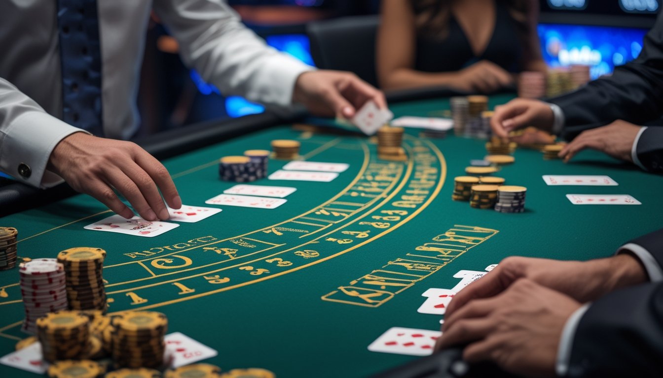 Meja blackjack Eropa dengan dealer membagikan kartu dan tumpukan chip di kasino.