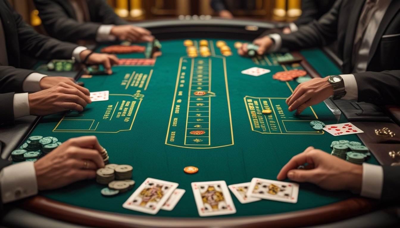 Meja blackjack di kasino dengan dua bagian yang menunjukkan perbedaan antara European Blackjack dan American Blackjack, dengan kartu dan chip tertata rapi.