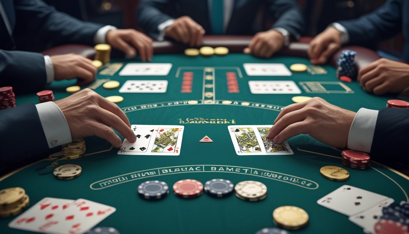 Meja kasino dengan dua tangan kartu blackjack yang berbeda, menunjukkan perbedaan aturan Blackjack Eropa dan Amerika, dengan chip dan dealer di latar belakang.