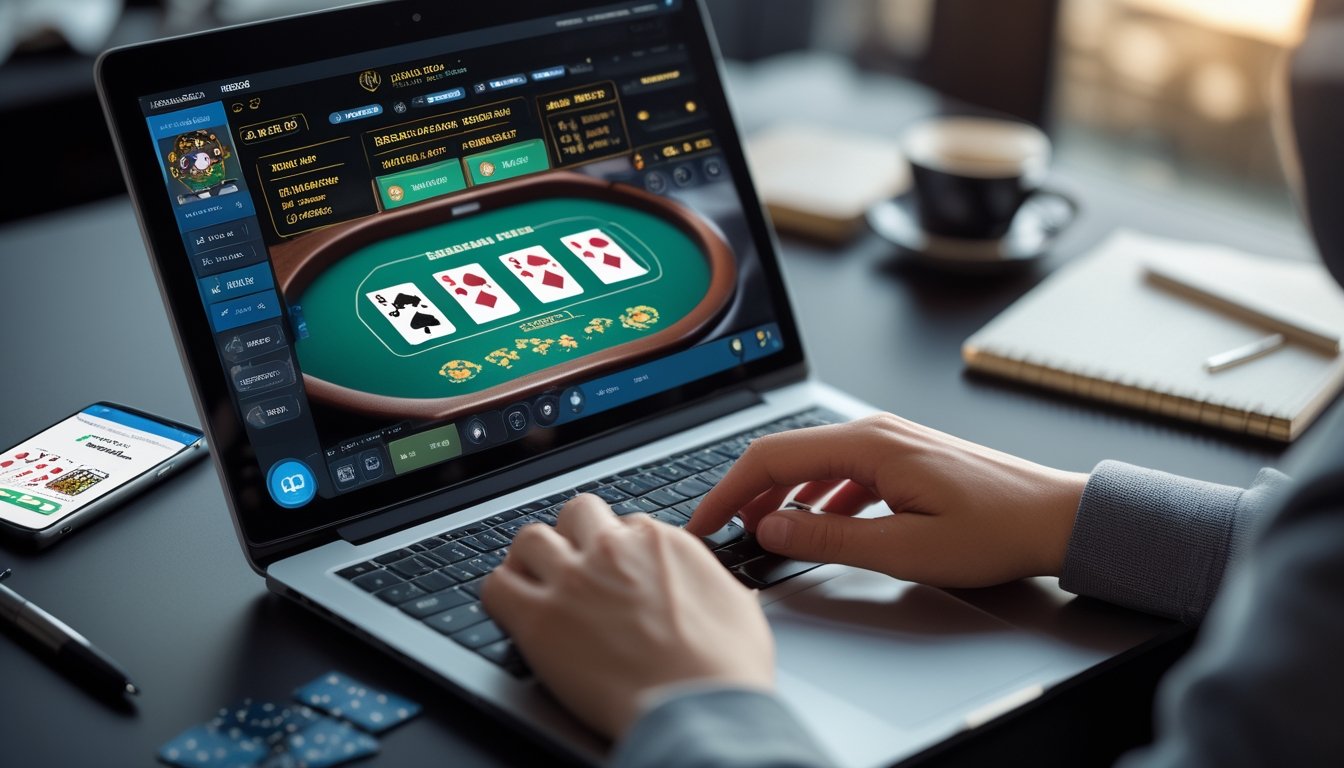 Seseorang bermain blackjack Eropa secara online di laptop dengan kartu dan chip terlihat jelas, di meja juga ada ponsel, secangkir kopi, dan buku catatan.