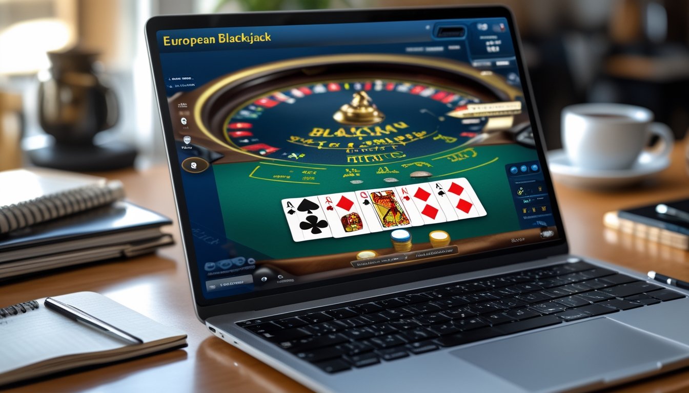 Seorang pemain sedang bermain European Blackjack online di laptop dengan kartu dan chip terlihat jelas, di meja terdapat buku catatan dan secangkir kopi.