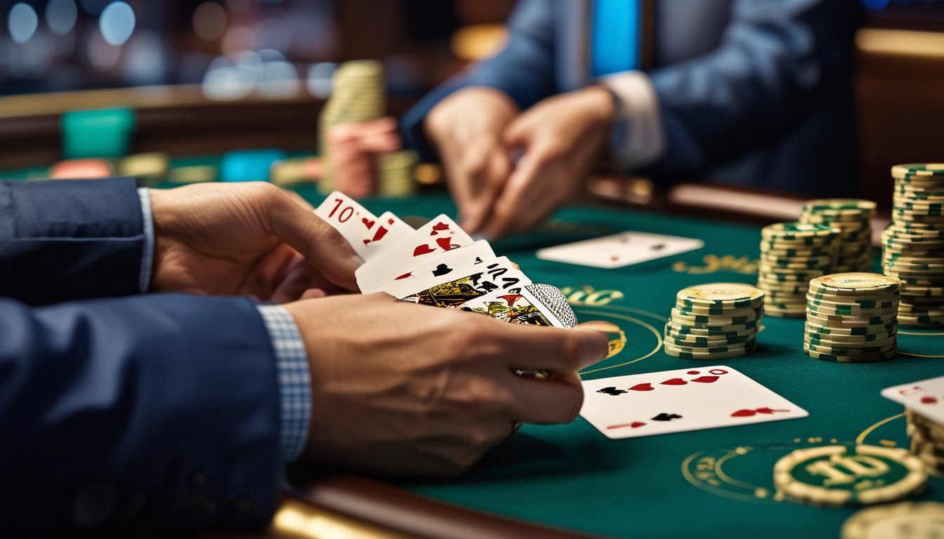 Tangan pemain memegang beberapa kartu di meja blackjack dengan tumpukan chip dan dealer di latar belakang.